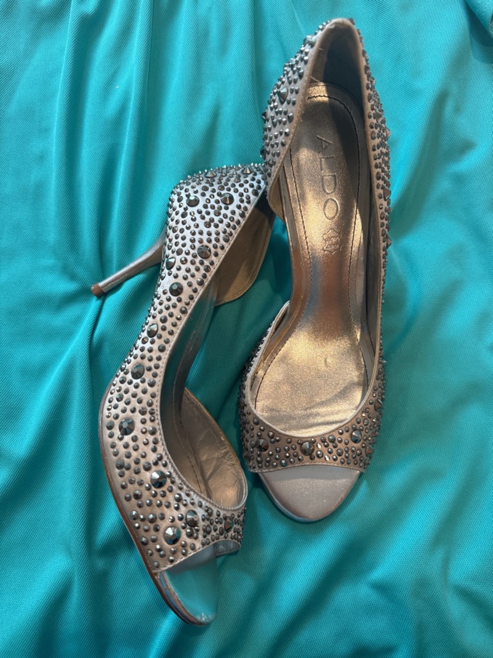 ALDO Metallic Silver Studded Peep-Toe Heels